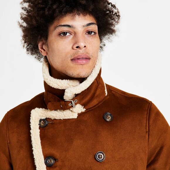 Guess Tan and Cream Double-Breasted Pea Coat - Picture 5 of 6